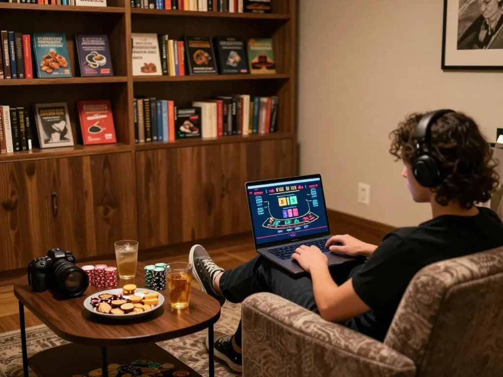 Enjoying an engaging game of blackjack on go88 through a laptop in a cozy living room.