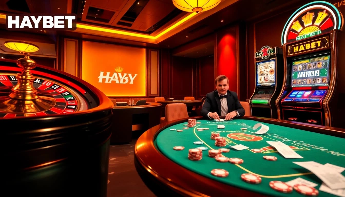 HAYBET players celebrate a big win at a luxury casino table with vibrant gaming elements.