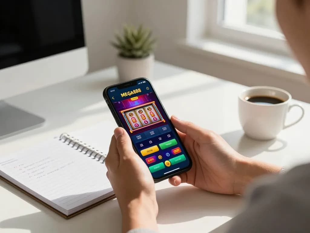 Playing mega888 on a smartphone with vibrant graphics, emphasizing mobile gaming strategy.