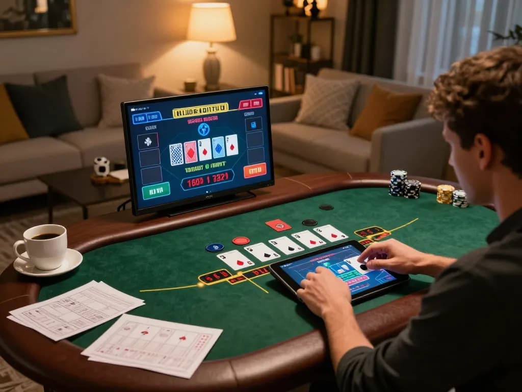 Bong88 player engaging in a live blackjack game on a tablet at home, depicting modern online gambling.