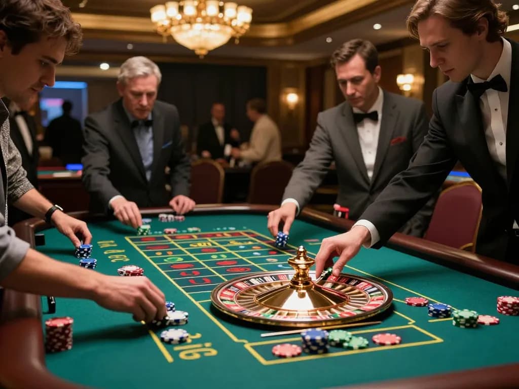 Players placing bets on debet roulette table as croupier spins the wheel in vibrant casino ambiance.