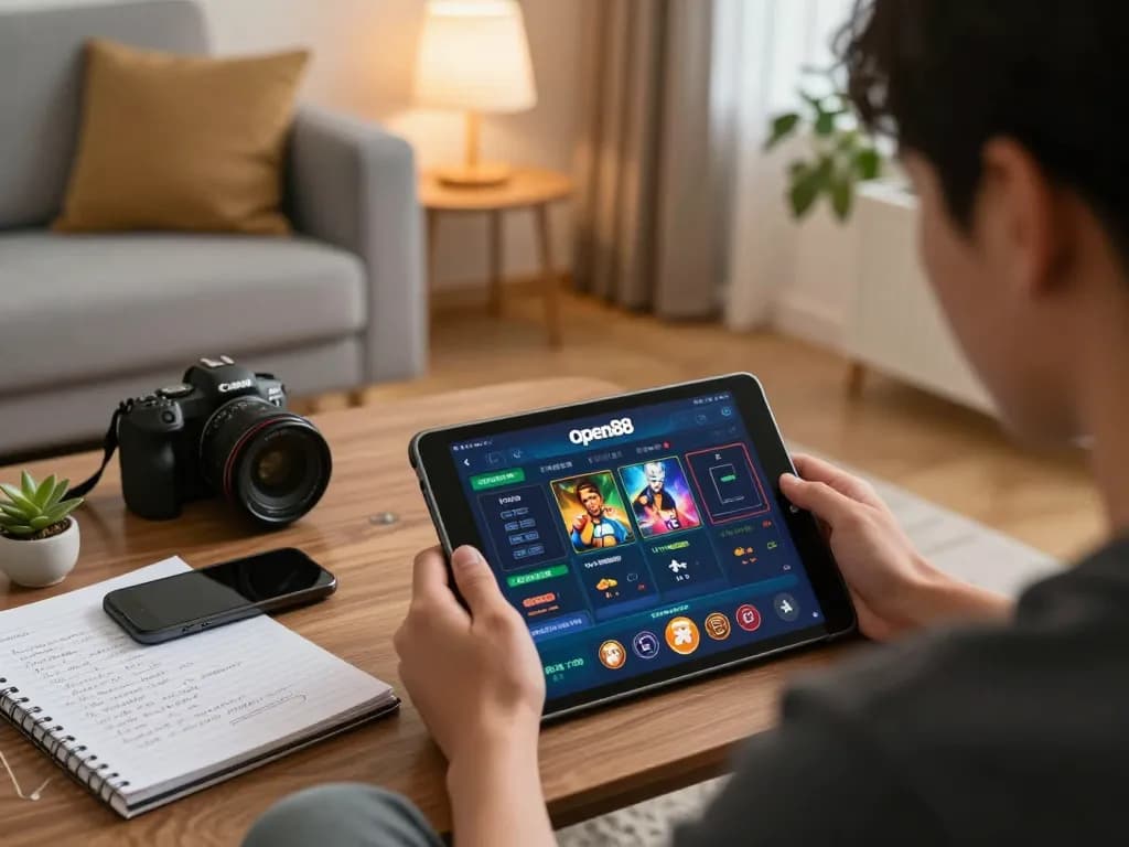 Player enjoying online gambling on open88 while reviewing betting strategies in a cozy home setting