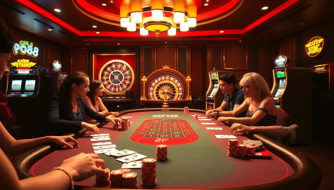 Experience the action at pg88’s poker table with players eagerly placing bets in a vibrant casino atmosphere.