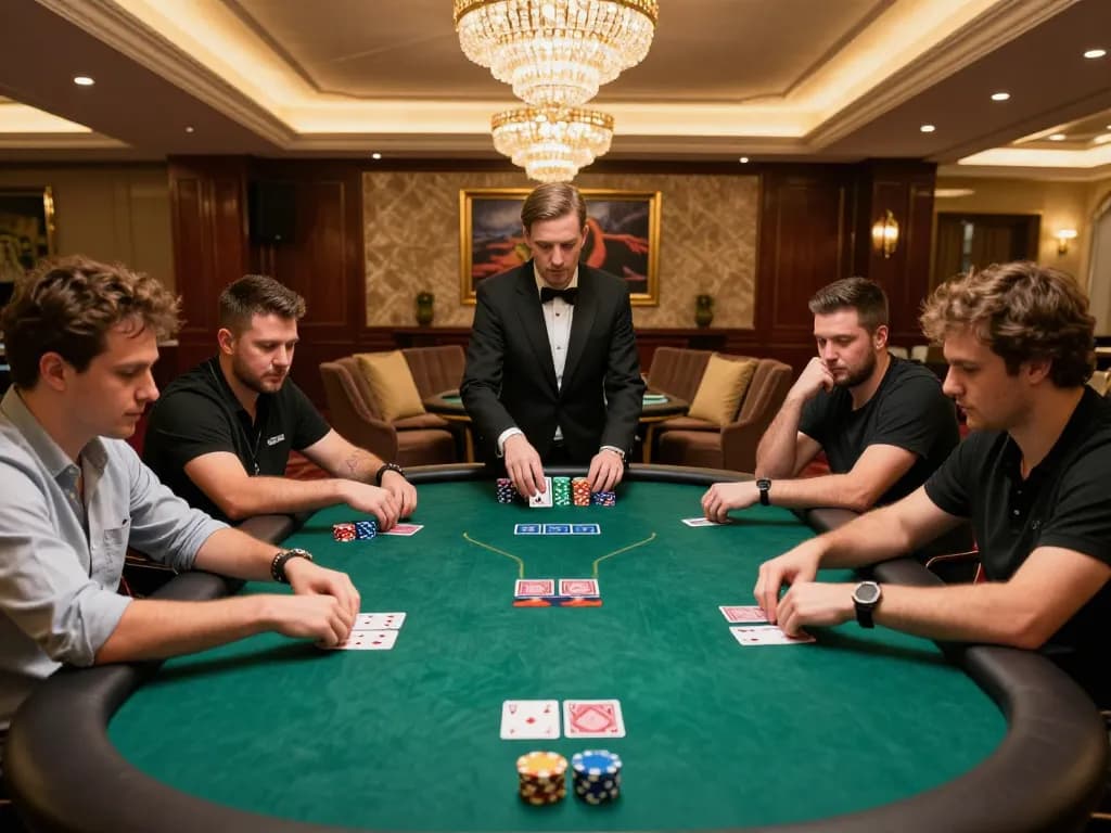 Players strategizing in a high-stakes poker game at casino SC88, intense focus on chips and cards.