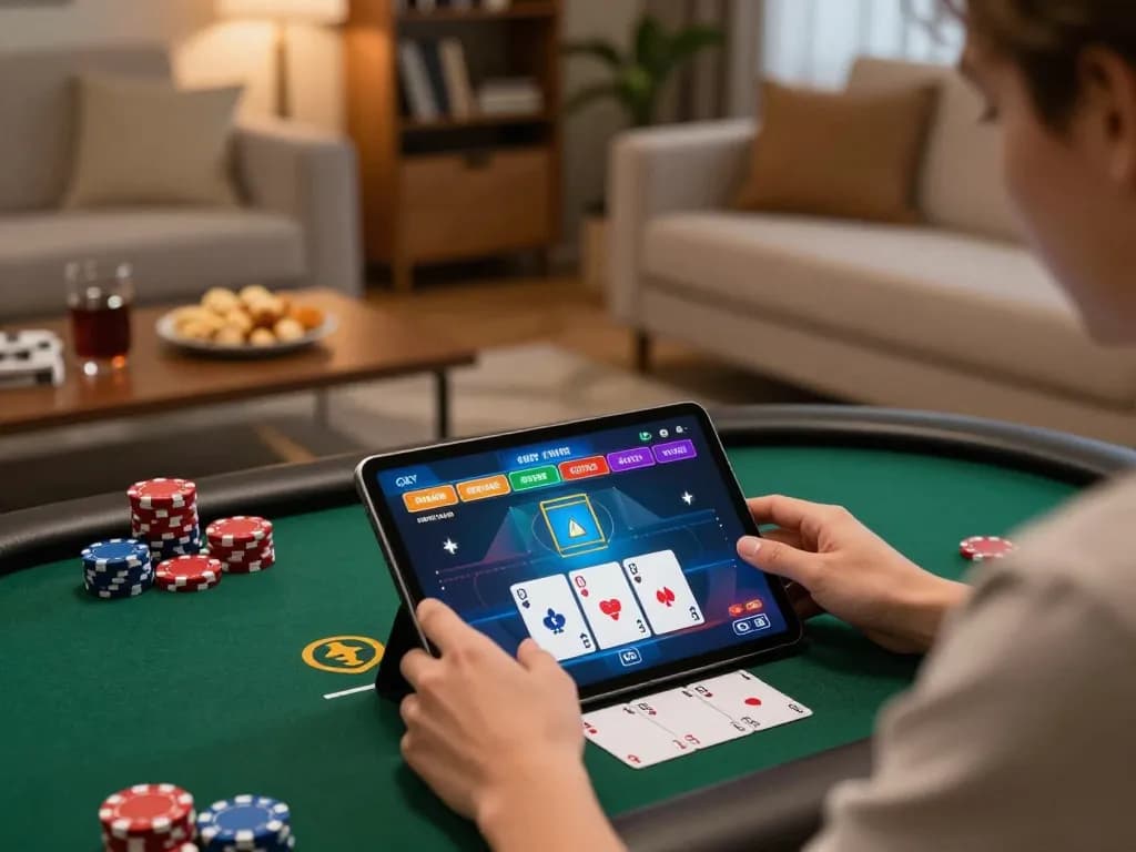 Nohu90 player engaging in online poker on tablet in cozy home setting