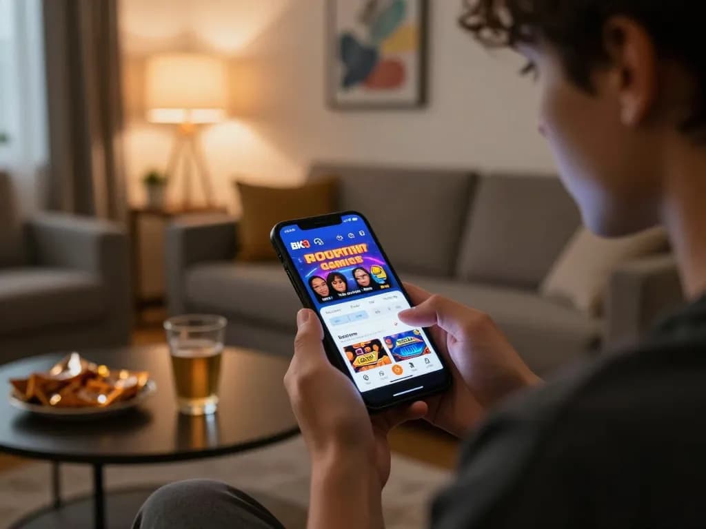 Player using BK8 app on mobile for online casino betting in a cozy living room setting.