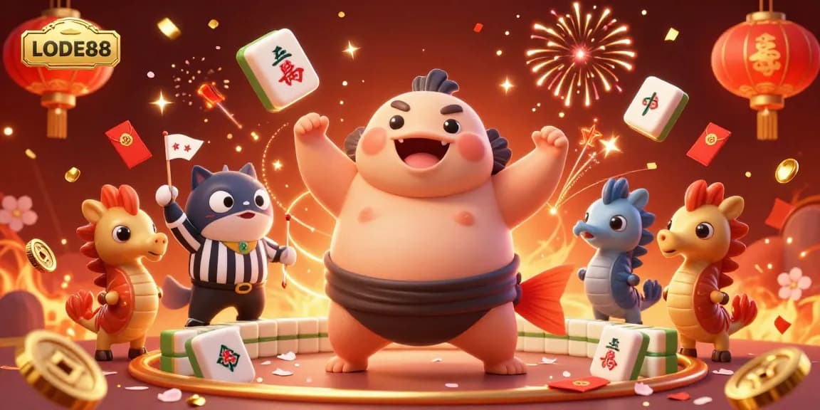 Engage with the vibrant LODE88 online casino scene featuring a lively blowfish sumo wrestler in a colorful underwater ring.