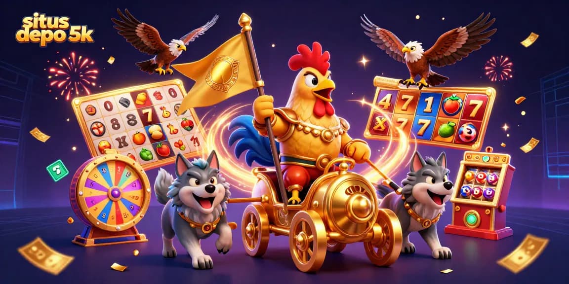 Engage with situs depo 5k for thrilling slots, featuring a colorful scene of jackpot elements.