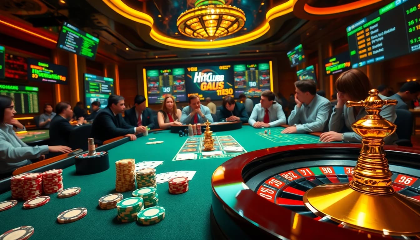 Experience thrilling gaming at Hitclub9 with a vibrant casino scene featuring poker chips and live players.