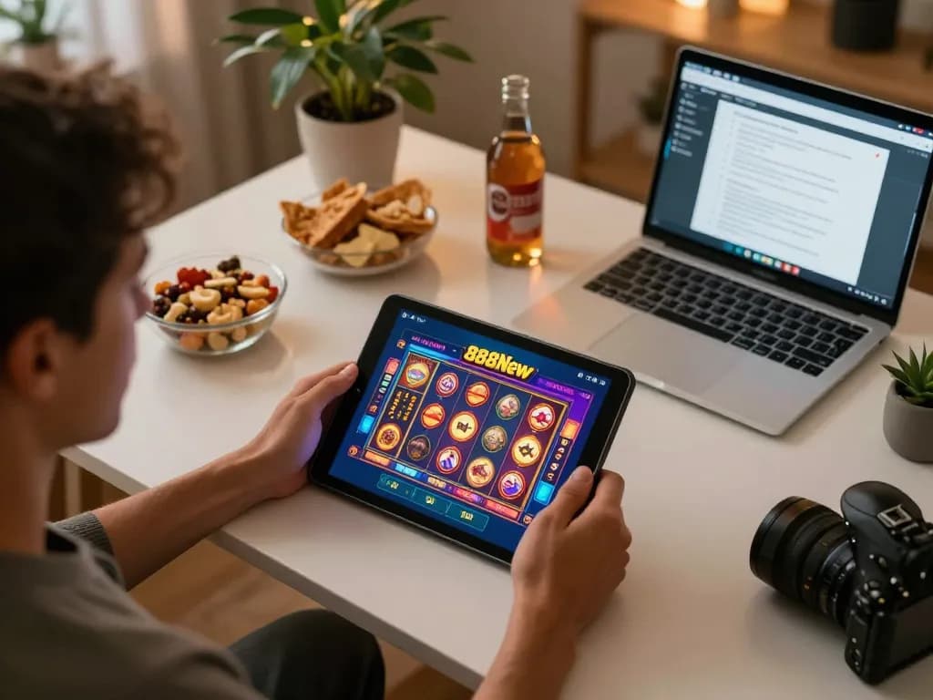 Playing slot games on 888New app in a cozy home office setting.
