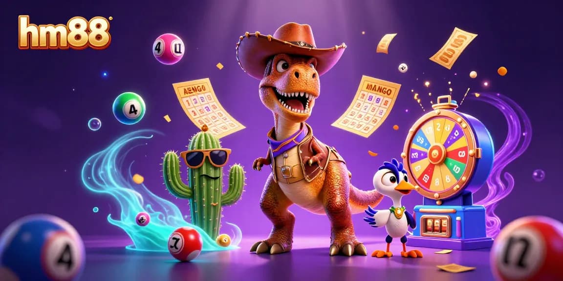 Experience thrilling wins with hm88 through vibrant casino-themed 3D illustration showcasing colorful lottery elements.
