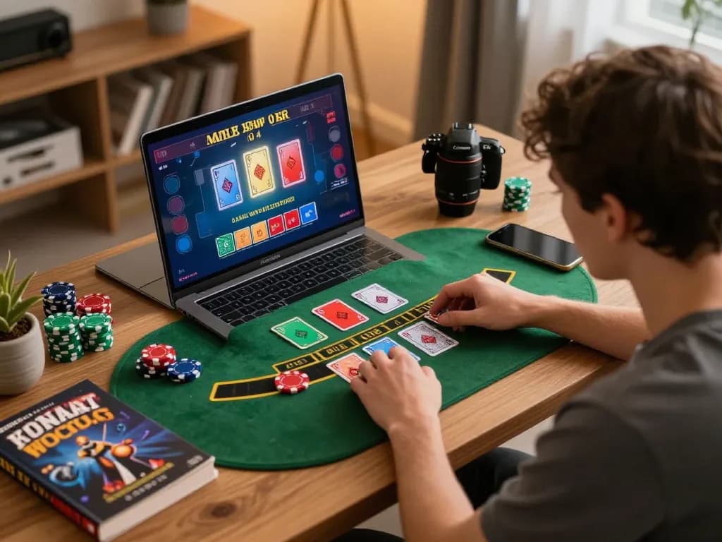 tr88 player engaging in live dealer blackjack game on laptop at home workstation.
