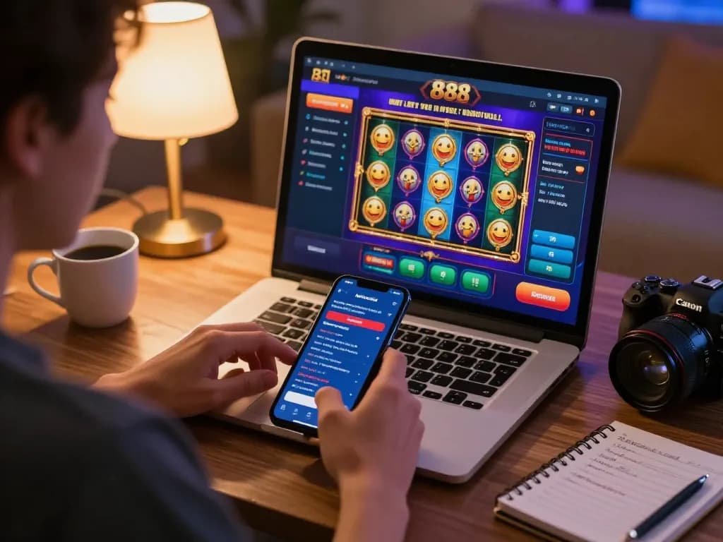 Player engaged in dash88 casino gaming on laptop and smartphone in a cozy home setting