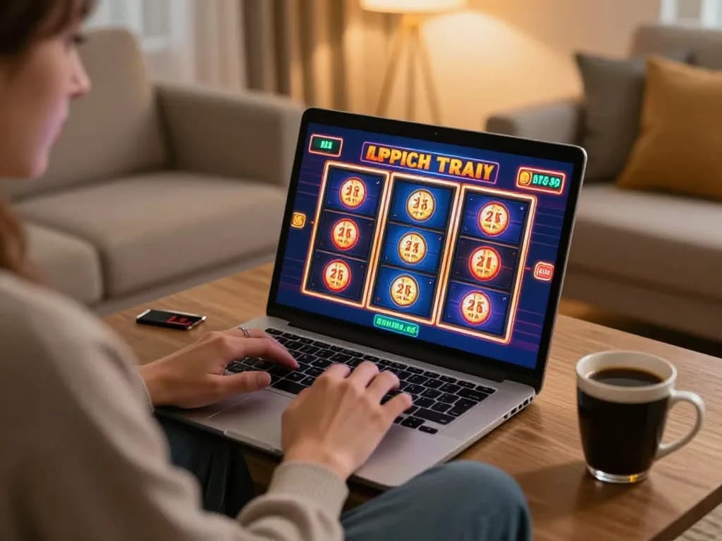 Person actively engaging in online slots on 777VIP platform at home, showcasing a cozy gaming atmosphere.