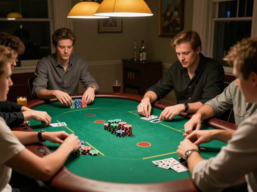 PLANET88 poker players engaged in a friendly game at a cozy home setup.