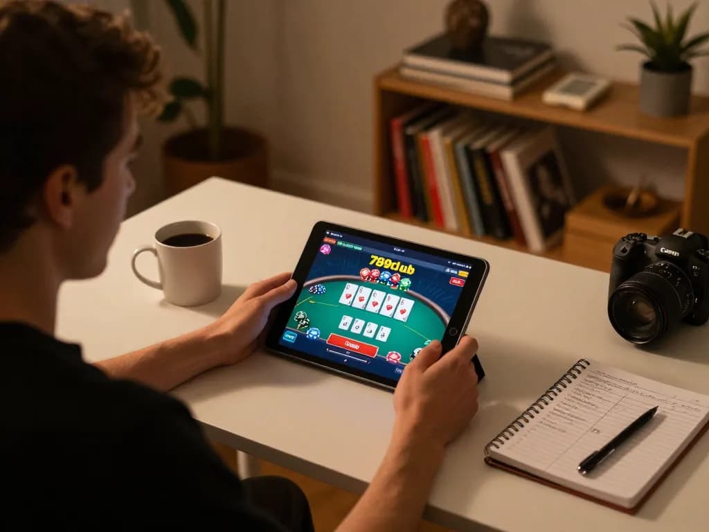 Engaged player utilizing 789club on a tablet in a cozy home setting with strategic notes.