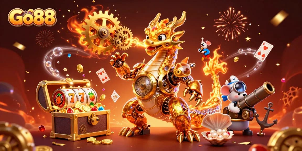 Experience the thrill of Go88 with a golden dragon and dynamic casino elements in a rich 3D illustration.