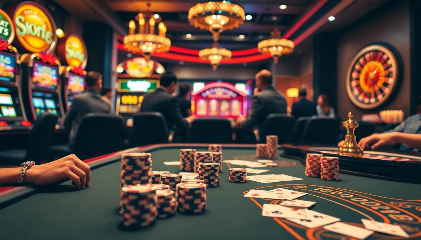 SODO casino scene with stylish poker table, vibrant slot machines, and engaging players.