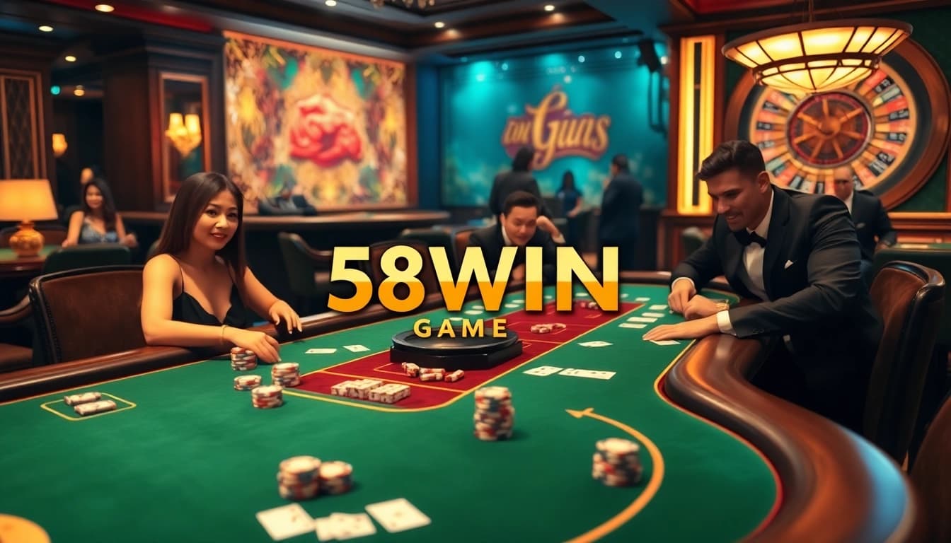 Engage in the excitement of the 58WIN Game at a high-stakes poker table with luxury elements.