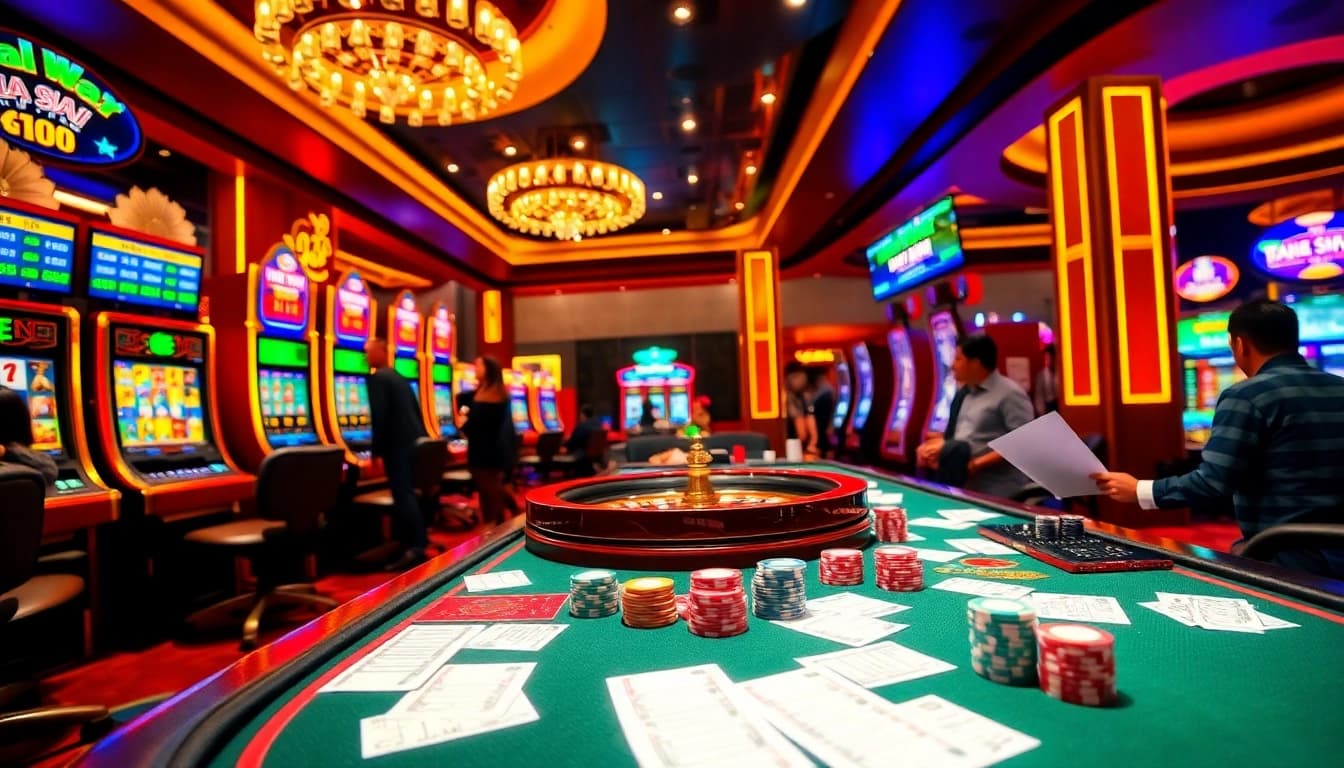 Engaging scene with Tool xổ số siêu tốc at a lively casino table, showing colorful betting slips and roulette.