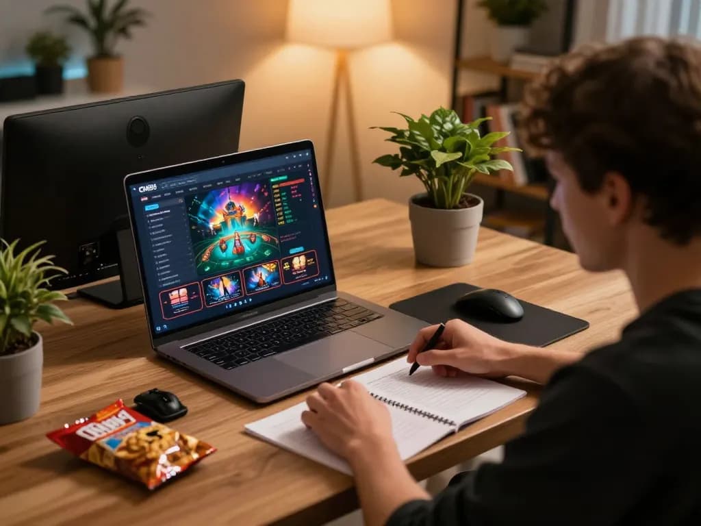 Engaging in CM88 online casino gaming on a laptop with strategic notes and cozy atmosphere.