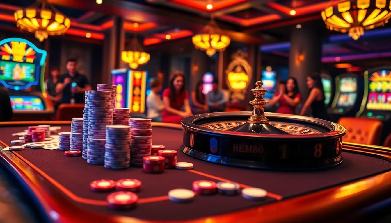 Engaging online gambling scene showcasing BEM88's casino excitement with vibrant games and professional atmosphere.