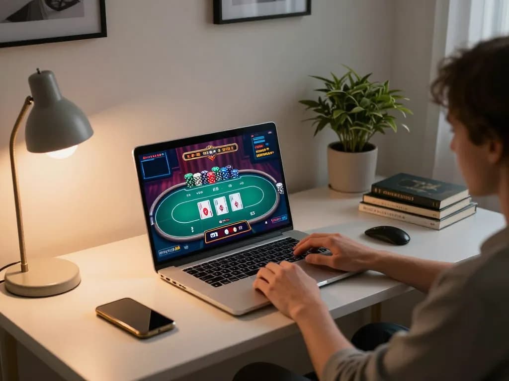 nhacaiuytin player engages in online poker at home, focused and strategic atmosphere.