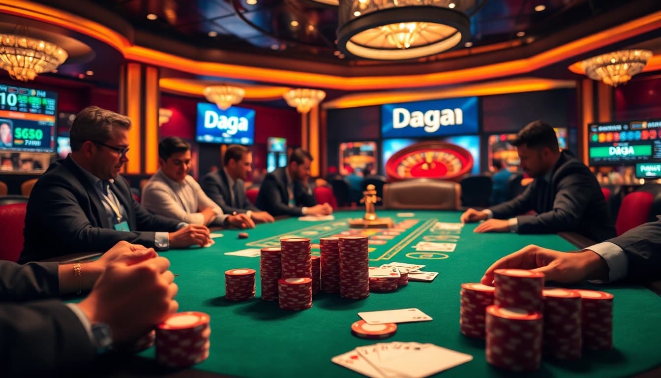 Experience high-stakes poker action featuring daga at a luxurious casino table.