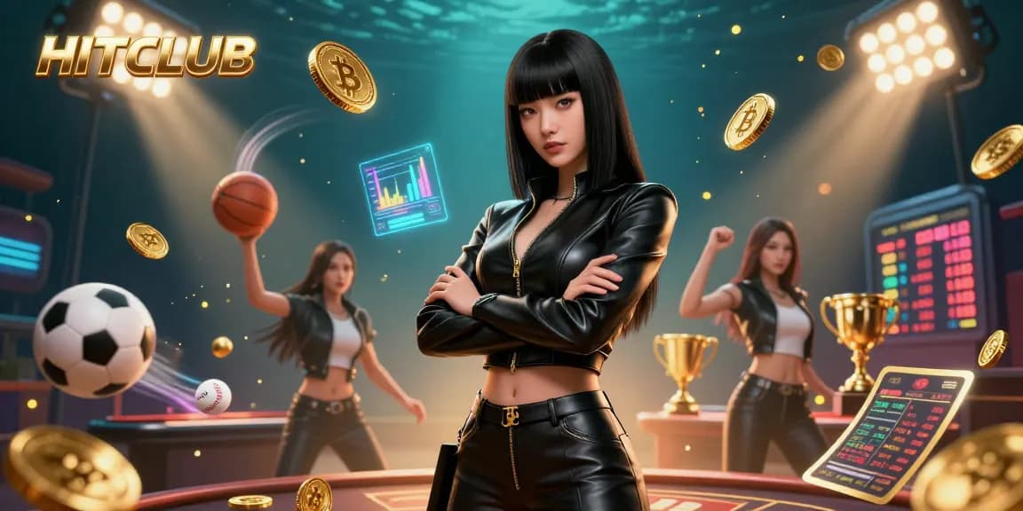 Engage with HITCLUB's thrilling casino atmosphere featuring dynamic sports elements and floating Bitcoin coins.