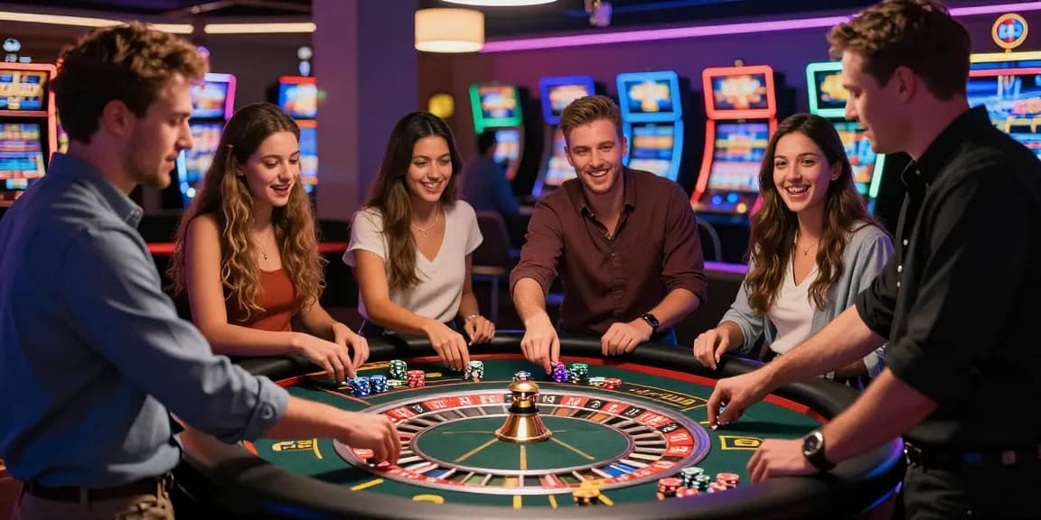 Group of friends enjoying games at KO66 casino, vibrant atmosphere.