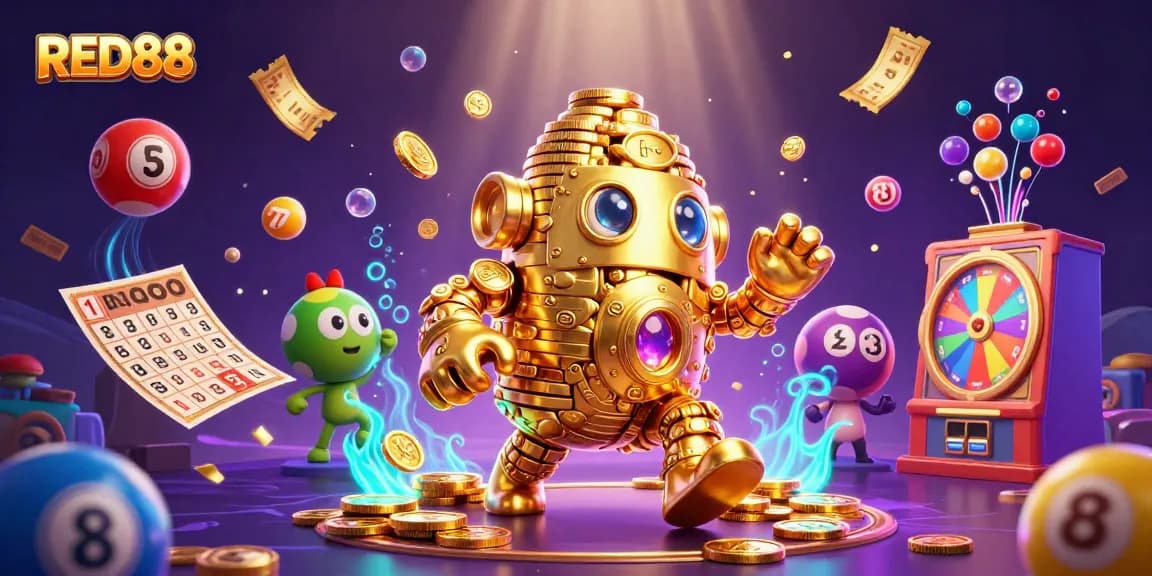 Engage with the thrilling world of RED88, featuring a lively golden golem surrounded by vibrant lottery elements.