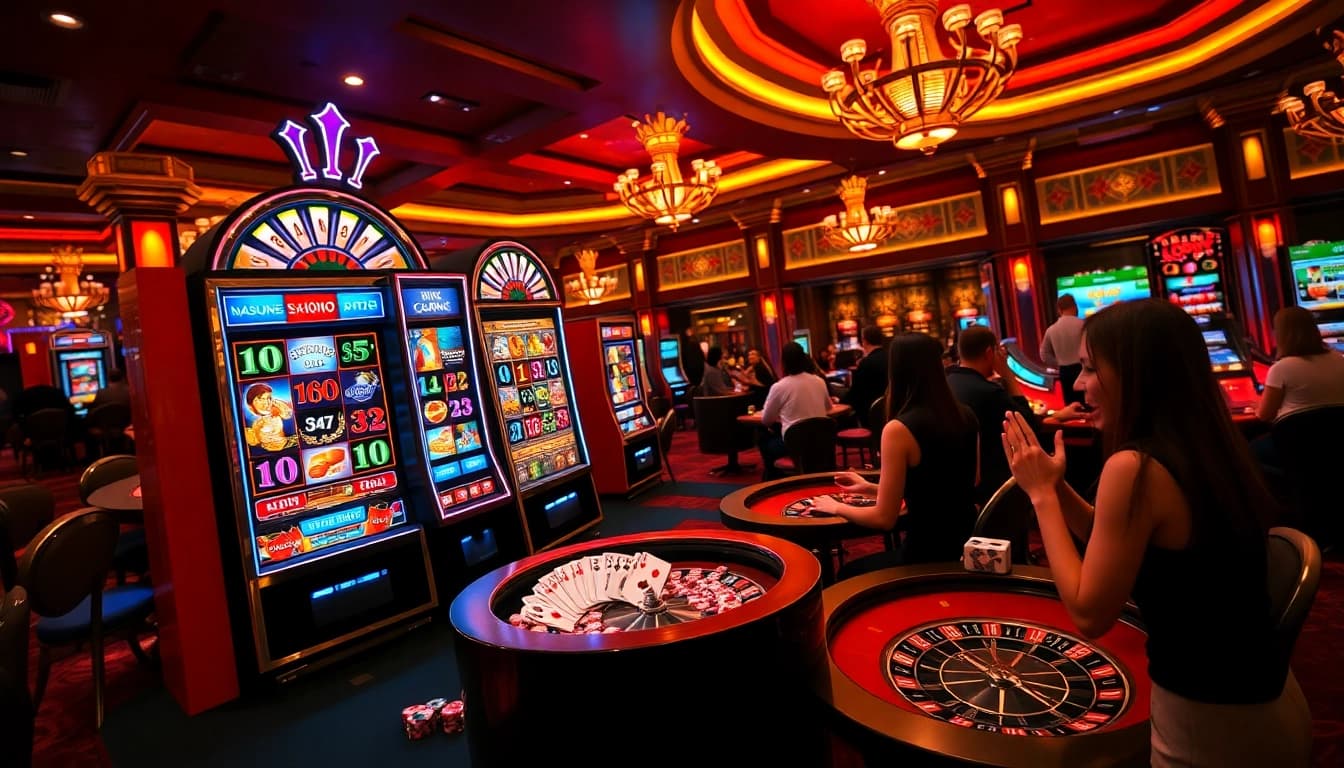 Pemain yang menang di mesin slot88 yang cerah dengan chip berwarna-warni di kasino mewah.