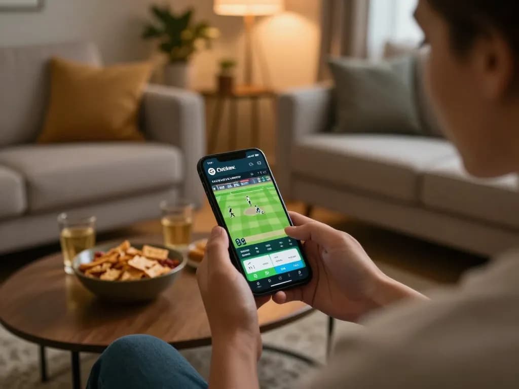 Crickex user engaging with cricket betting app on smartphone in a cozy home setting