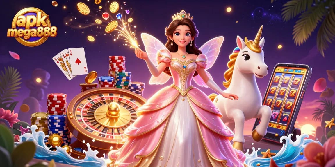 Engage with the apk mega888 gaming experience through a vibrant illustration of casino elements and enchanting characters.