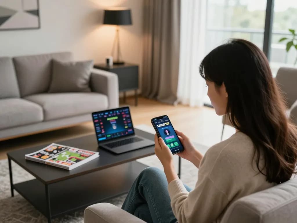 Aplikasi SBOBET88 ditampilkan di smartphone selama sesi taruhan olahraga online di lingkungan rumah yang stylish.