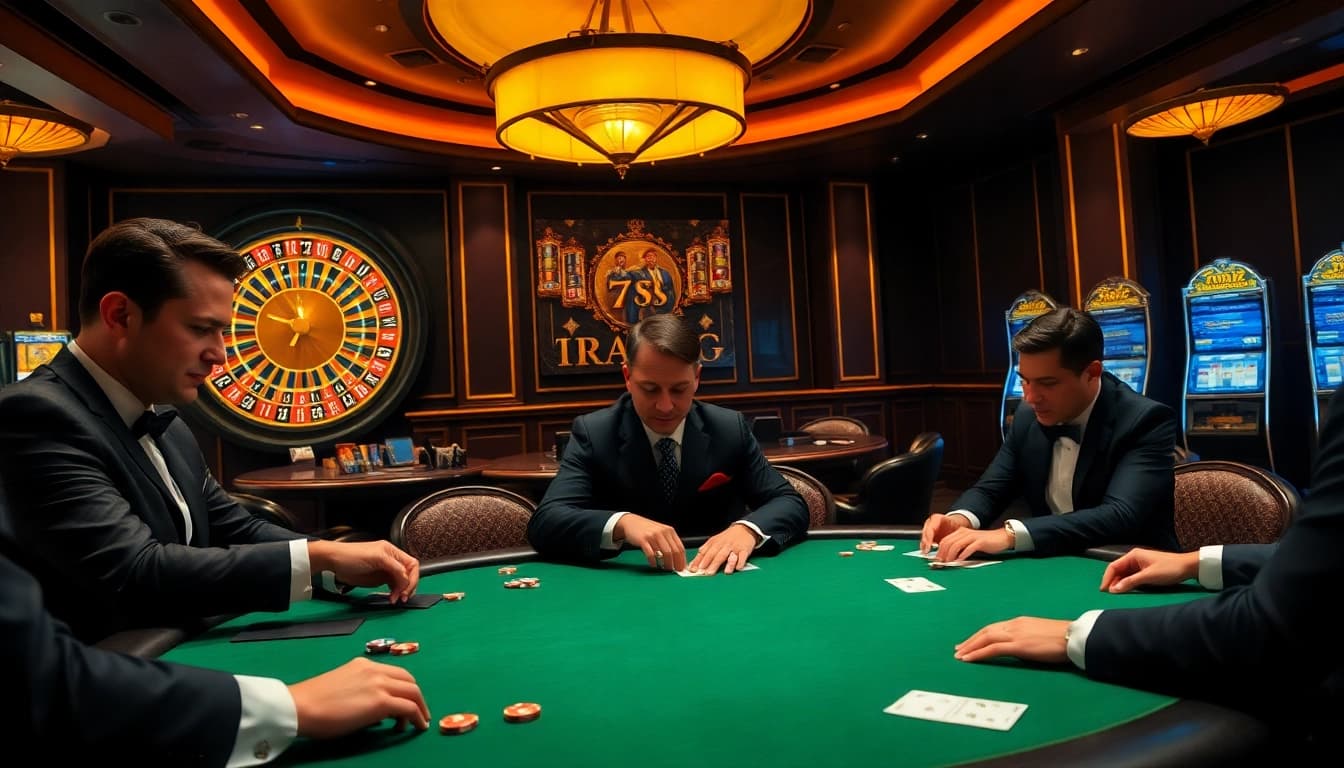 Glimpse of a thrilling poker game at 789win, showcasing players and a vibrant roulette wheel.