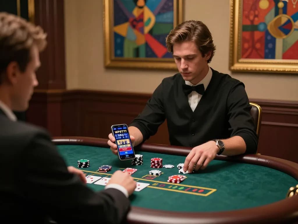 Pemain MPO777 menikmati permainan blackjack dinamis di smartphone, menyoroti momen strategis di kasino online