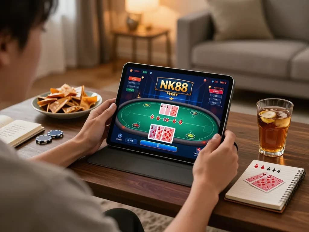 Experience exciting online gaming at NK88 with a cozy home setup and strategic play.