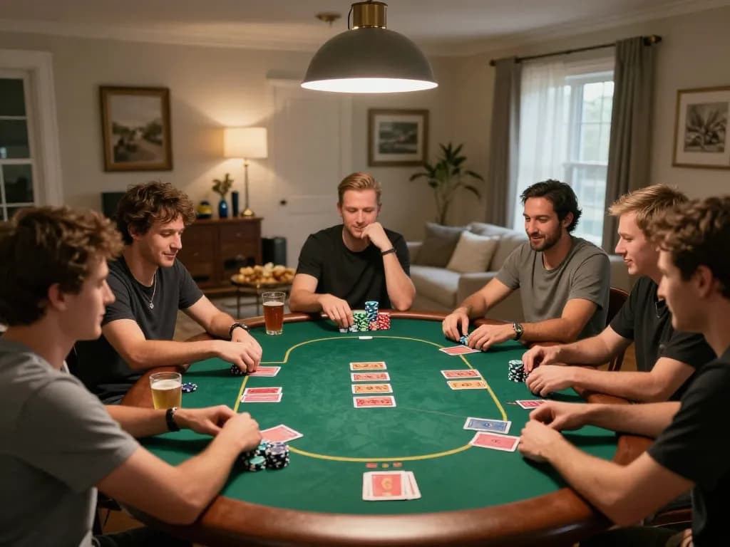 Players enjoying a lively poker night at home, showcasing cm88 strategies in a cozy setting