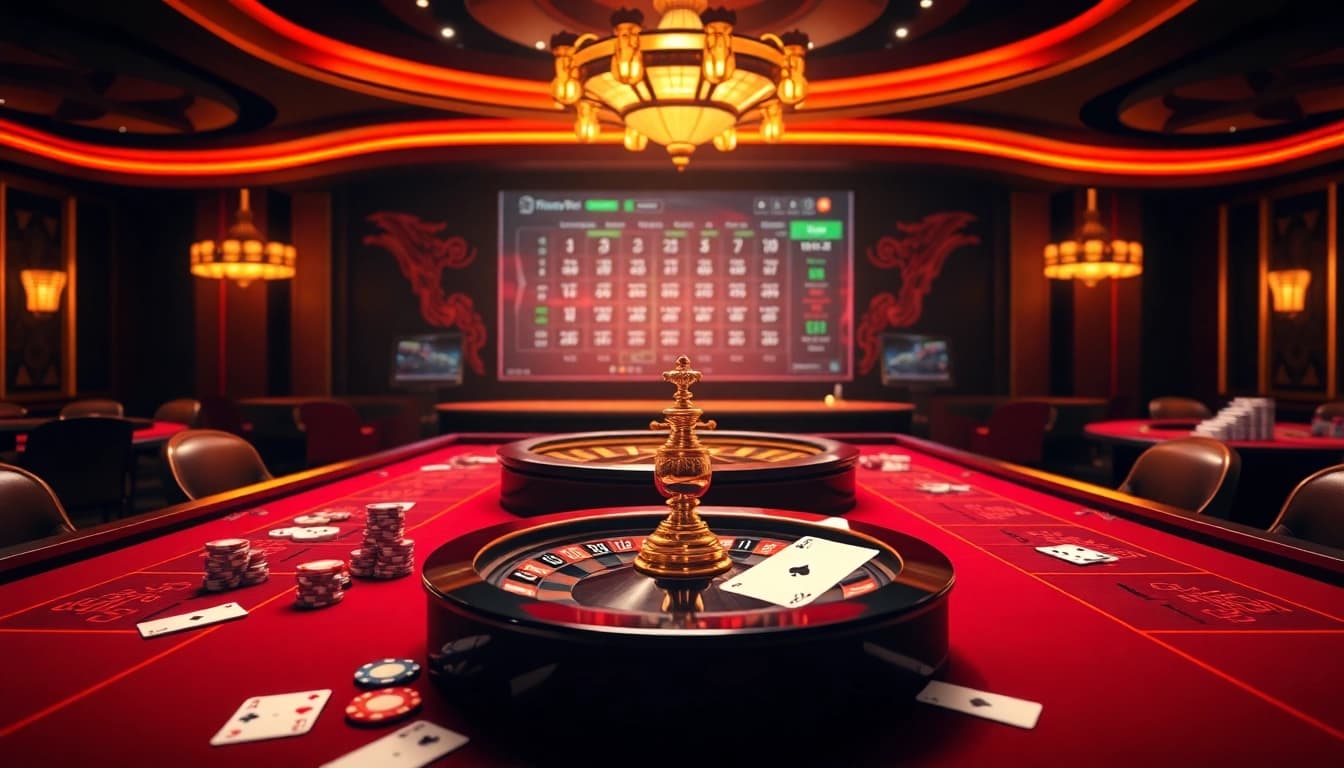 Engaging casino scene highlighting 79win with poker chips, a roulette wheel, and an online betting interface.
