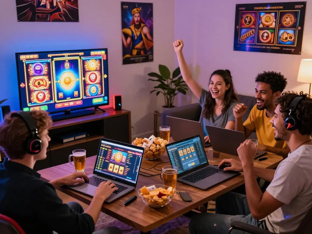 Group of diverse players enjoying zeus138 slot games in a cozy gaming area.