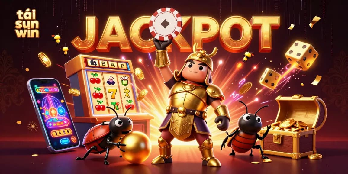 Experience the thrill of tải sun win with a jubilant 3D beetle duo celebrating a jackpot alongside vibrant casino elements.
