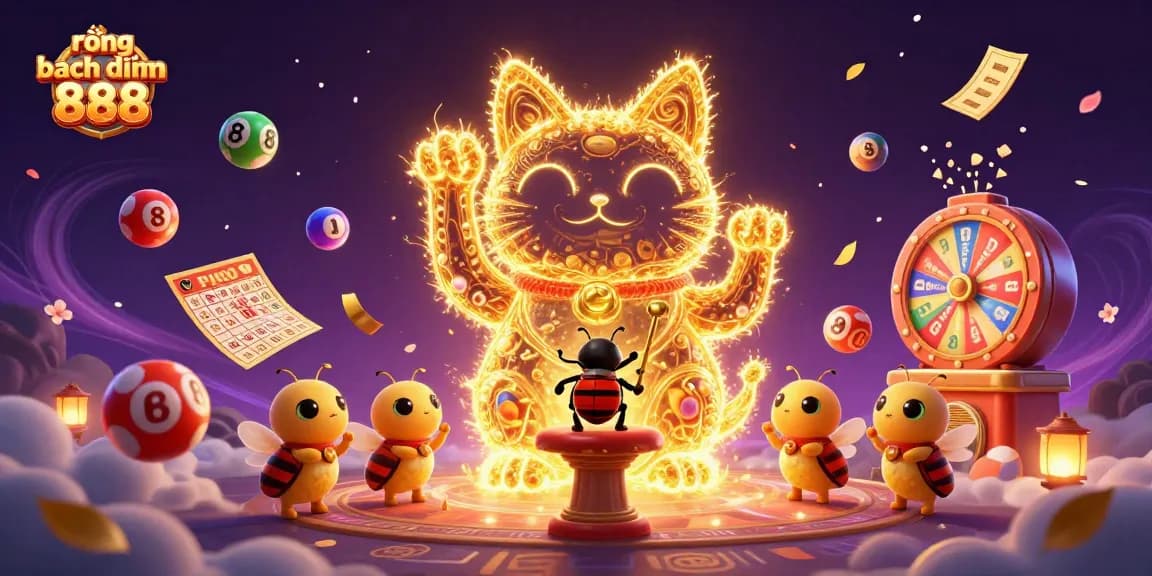 Experience rồng bạch kim 888 with this vibrant, dynamic illustration of a lucky cat in a lottery scene, embodying joy and fortune.