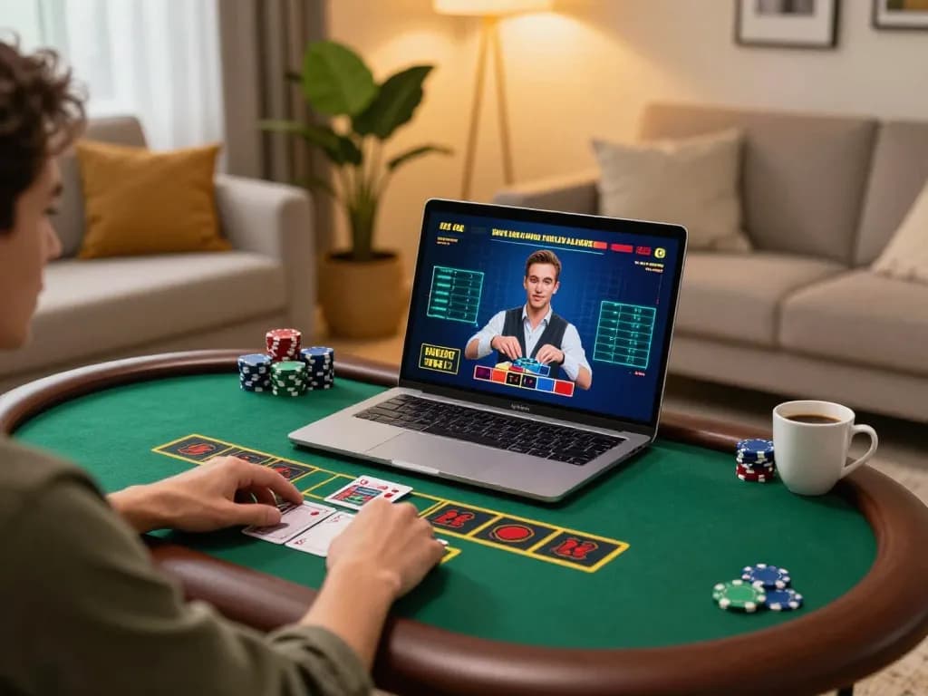 Engaged player enjoying okwin's live dealer blackjack on a laptop in a cozy home setting.