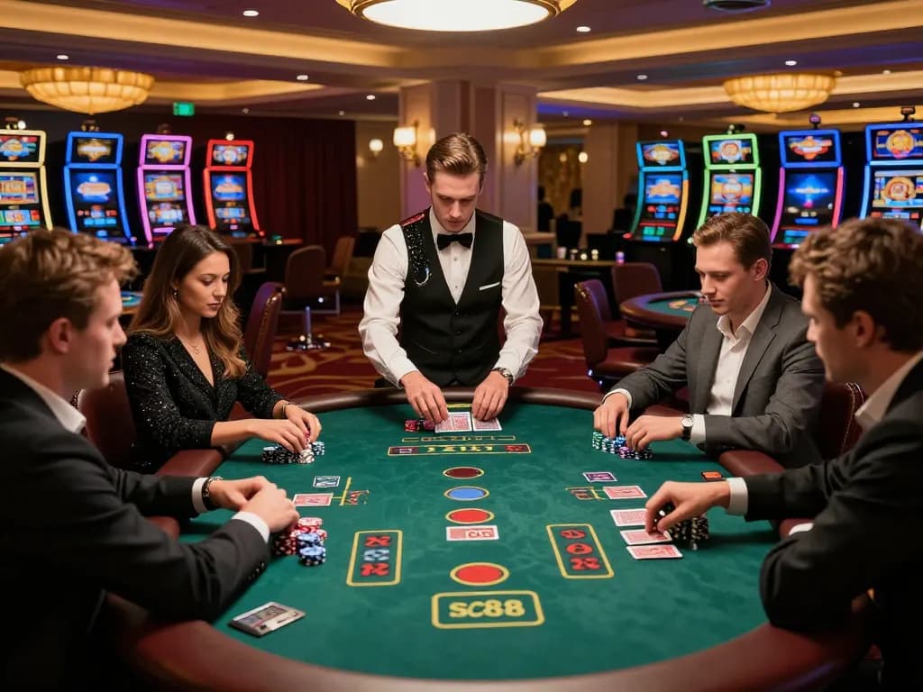 Gamblers making strategic bets at a vibrant blackjack table featuring SC88 game strategies.