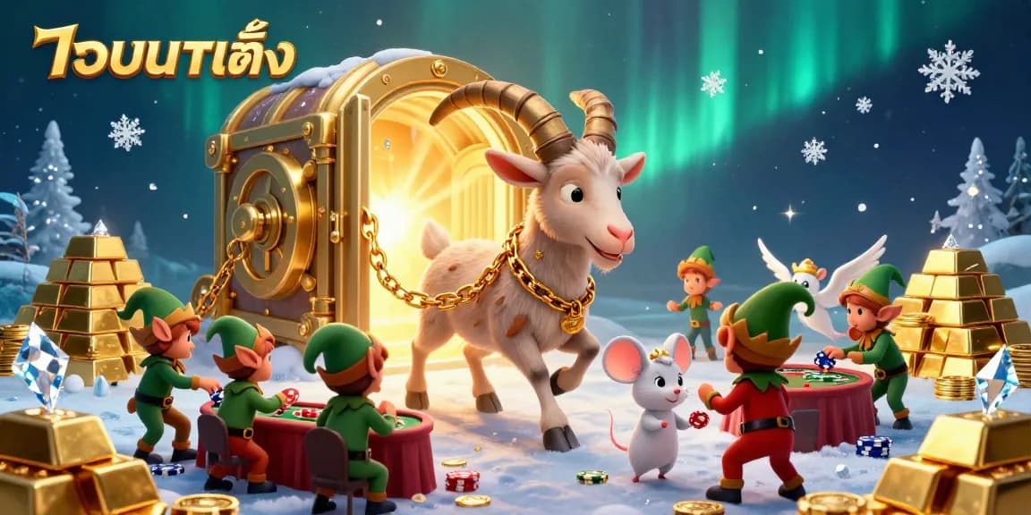 Experience the thrill of แทงบอลเต็ง in a vibrant, dynamic casino scene with festive characters and sparkling treasures.