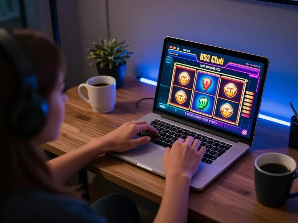 Engaging in online gaming at home with tải b52 club app open on laptop, showcasing strategic gameplay.
