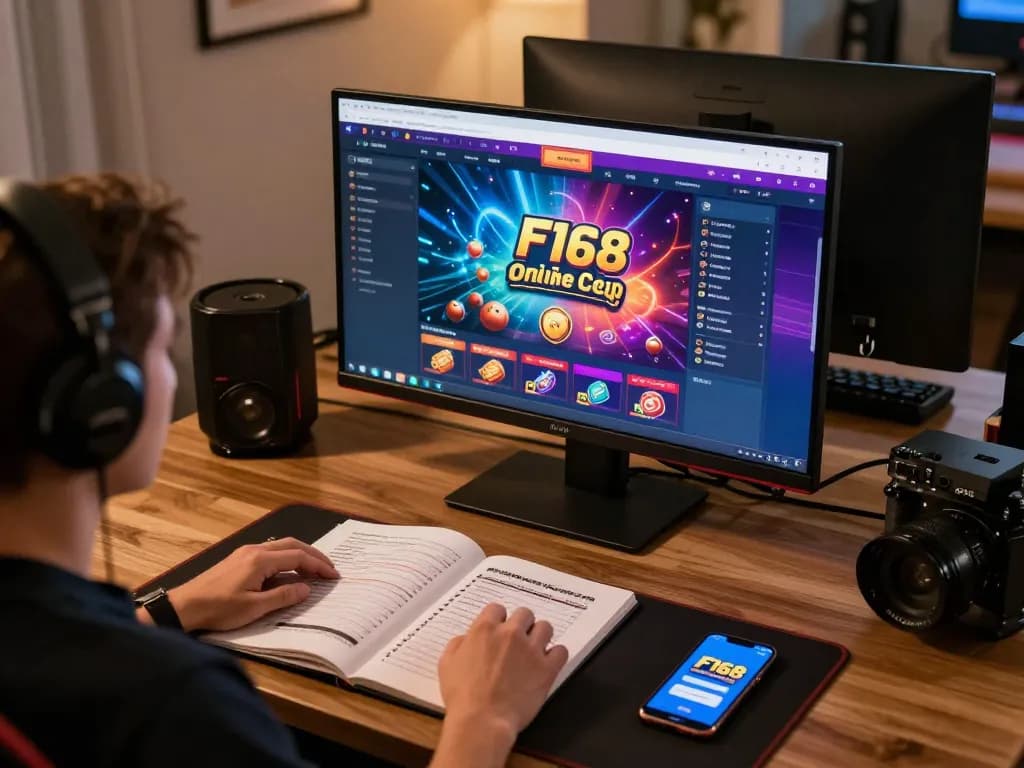 Person engaged in online gaming at F168, showcasing interactive casino interface and betting notes.