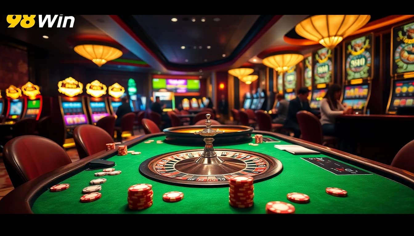 Experience the excitement of 98Win with vibrant casino elements and engaging poker gameplay.
