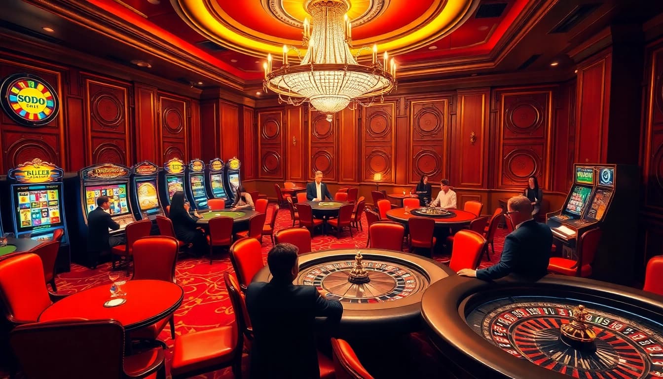 SODO casino scene featuring luxurious poker tables and vibrant slot machines creating excitement.